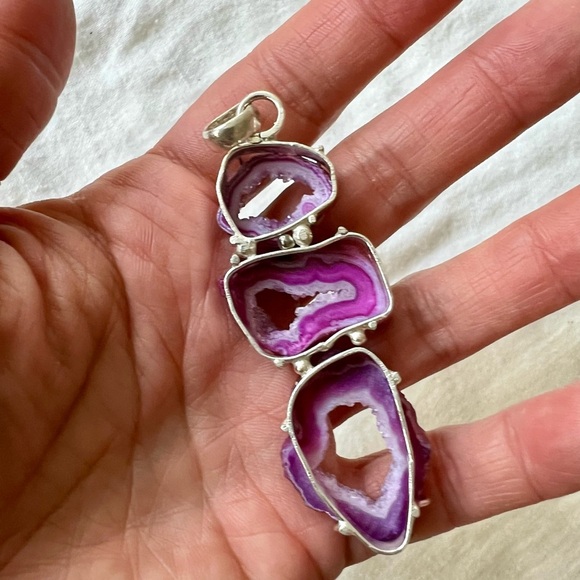 925 Triple Pink Micro Crystal Window Quartz Necklace Pendant - Picture 9 of 10